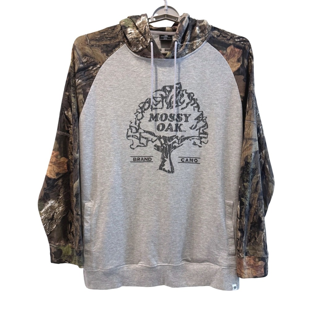 Mossy Oak Hoodie Gray Camo Raglan Graphic Outdoor Pullover Mens XXL